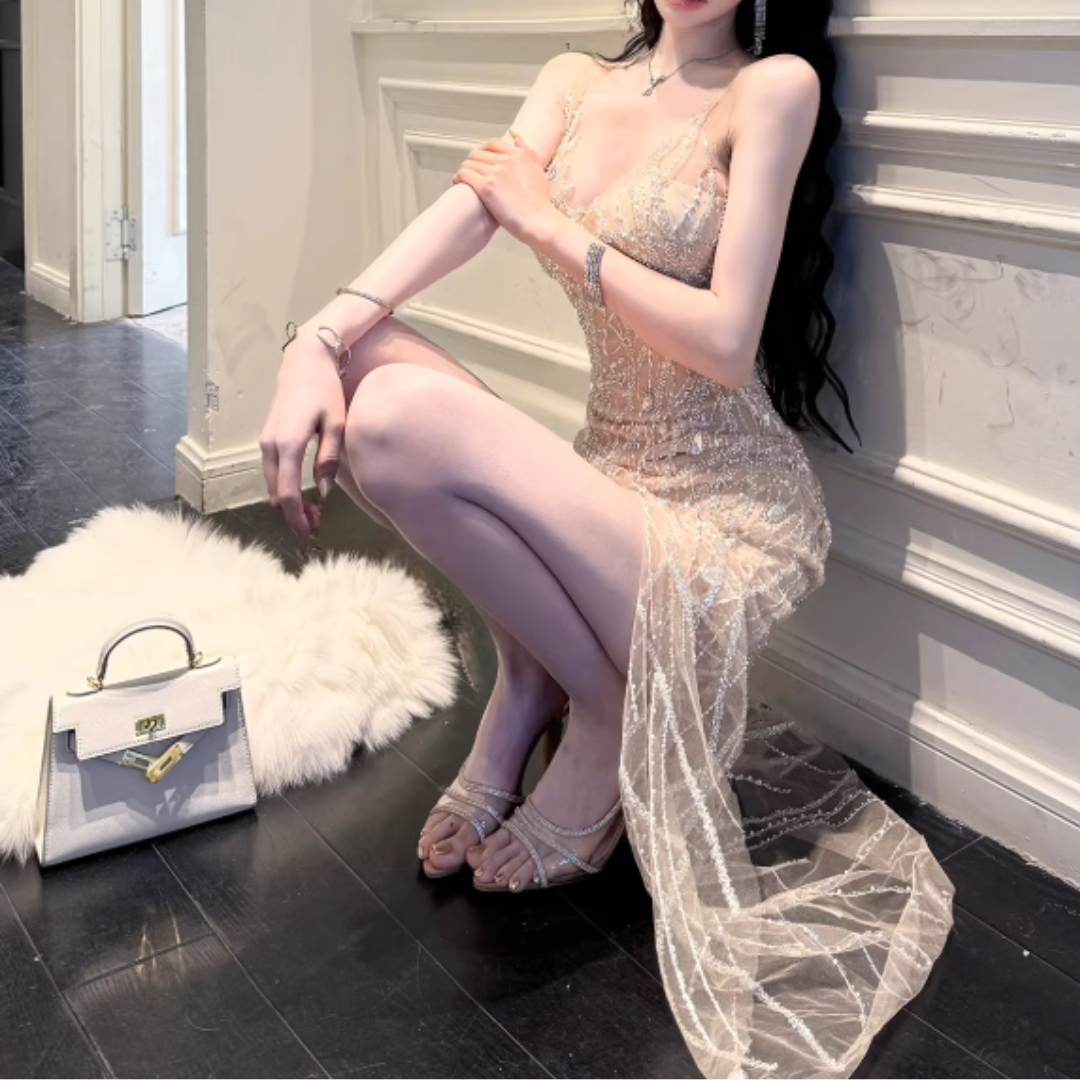 BEADED TANK BODYCON MESH HEM EVENING DRESS #7974