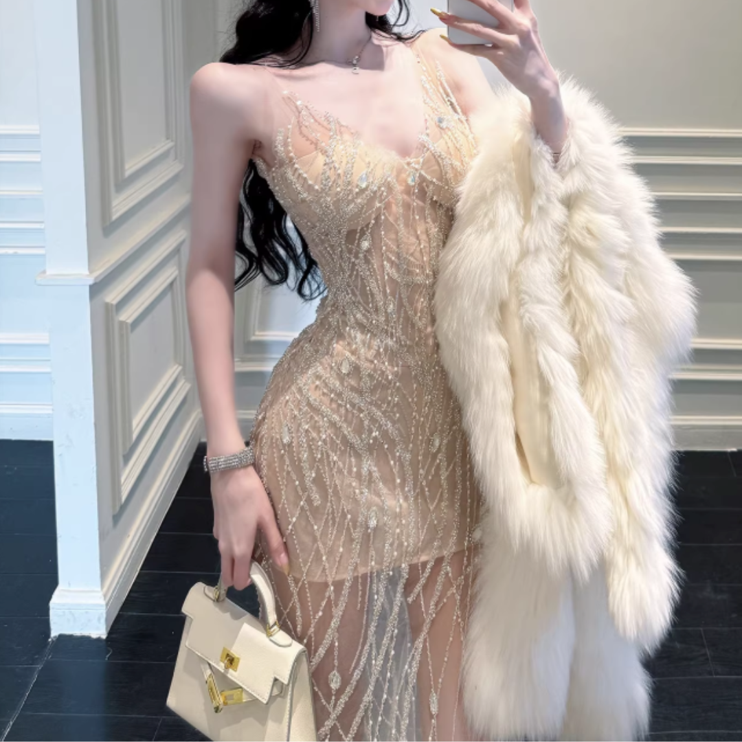 BEADED TANK BODYCON MESH HEM EVENING DRESS #7974