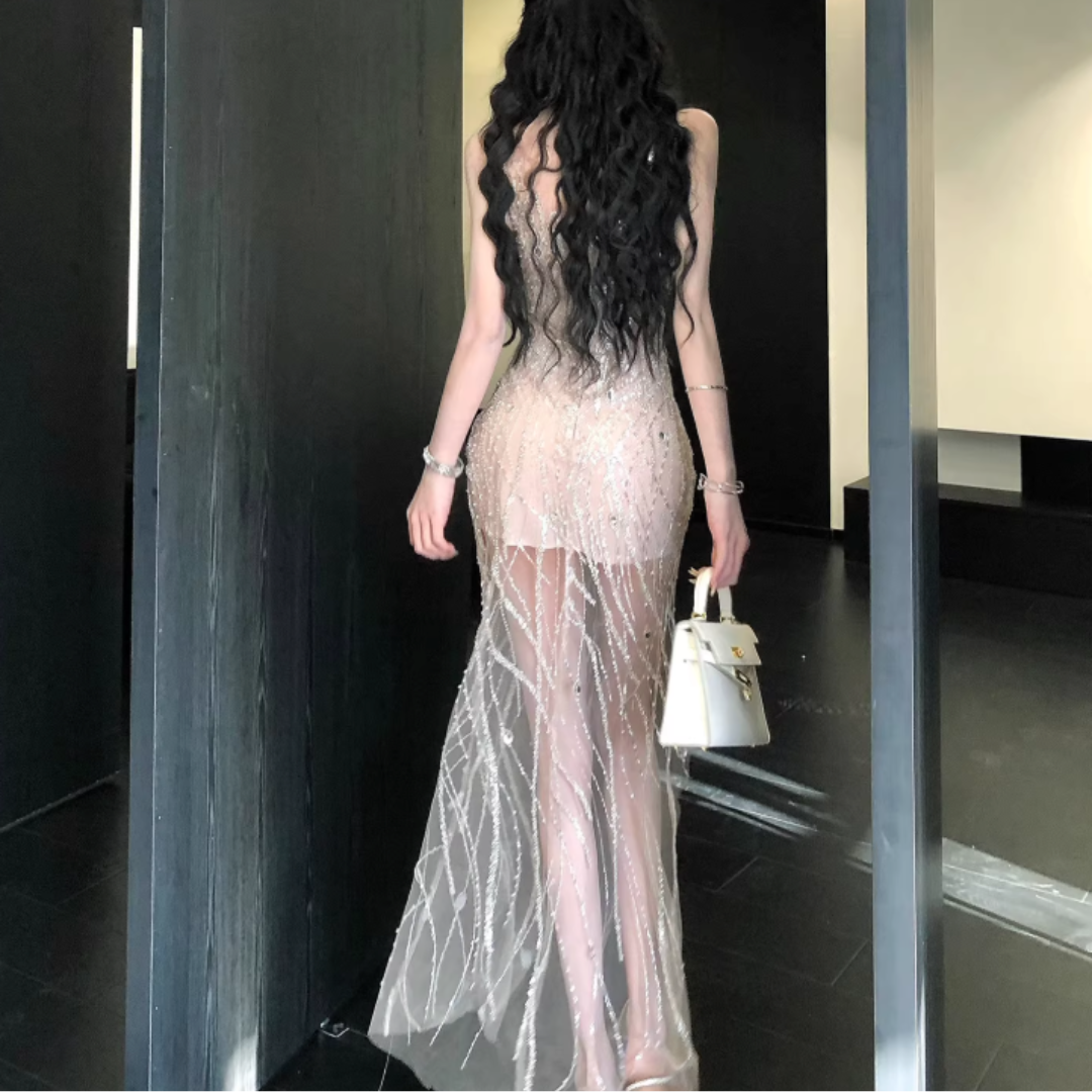 BEADED TANK BODYCON MESH HEM EVENING DRESS #7974