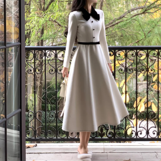 FRENCH WOOL WAISTED LONG DRESS #7975