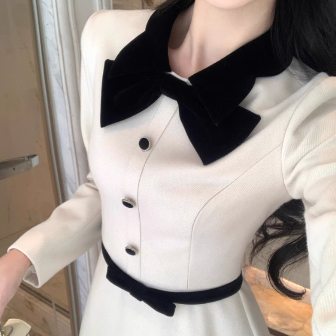 FRENCH WOOL WAISTED LONG DRESS #7975