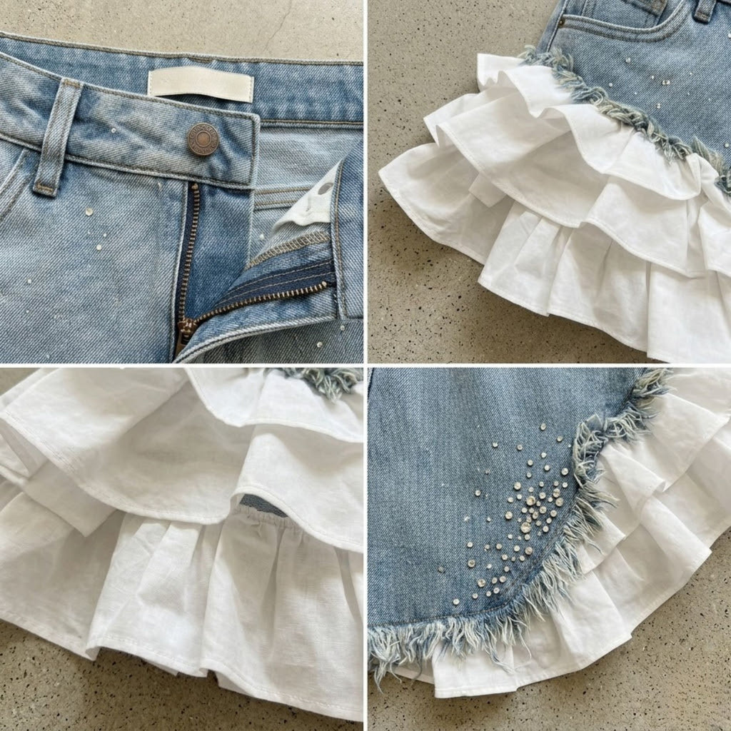 Rhinestone Ruffled Denim Mini Skirt