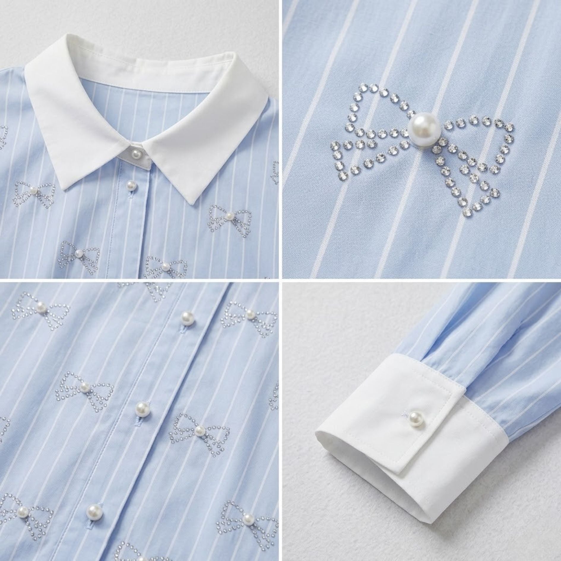Embellished Striped Bow Blouse