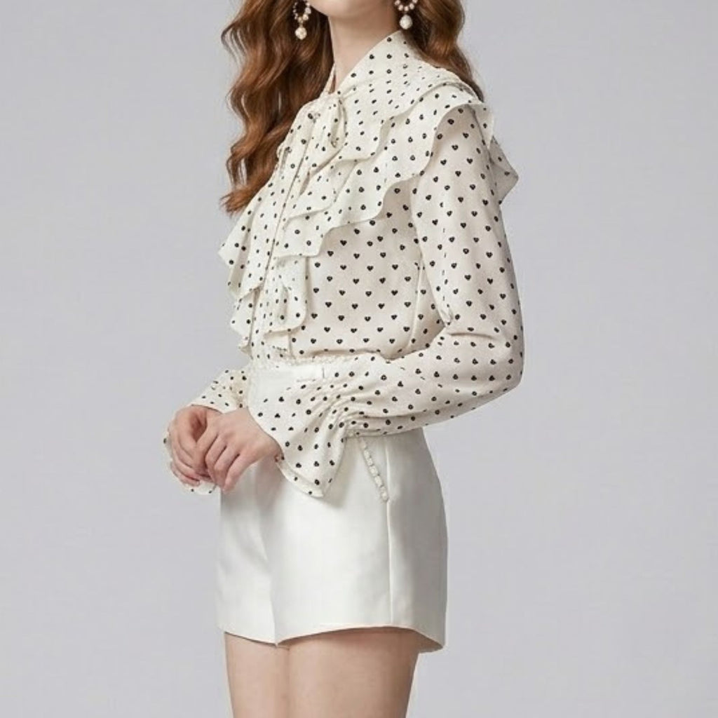 Tie-Neck Ruffle Polka Dot Blouse