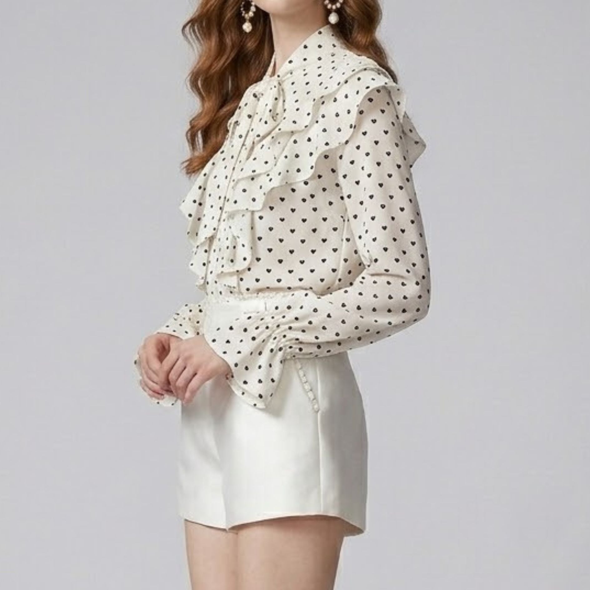 Tie-Neck Ruffle Polka Dot Blouse
