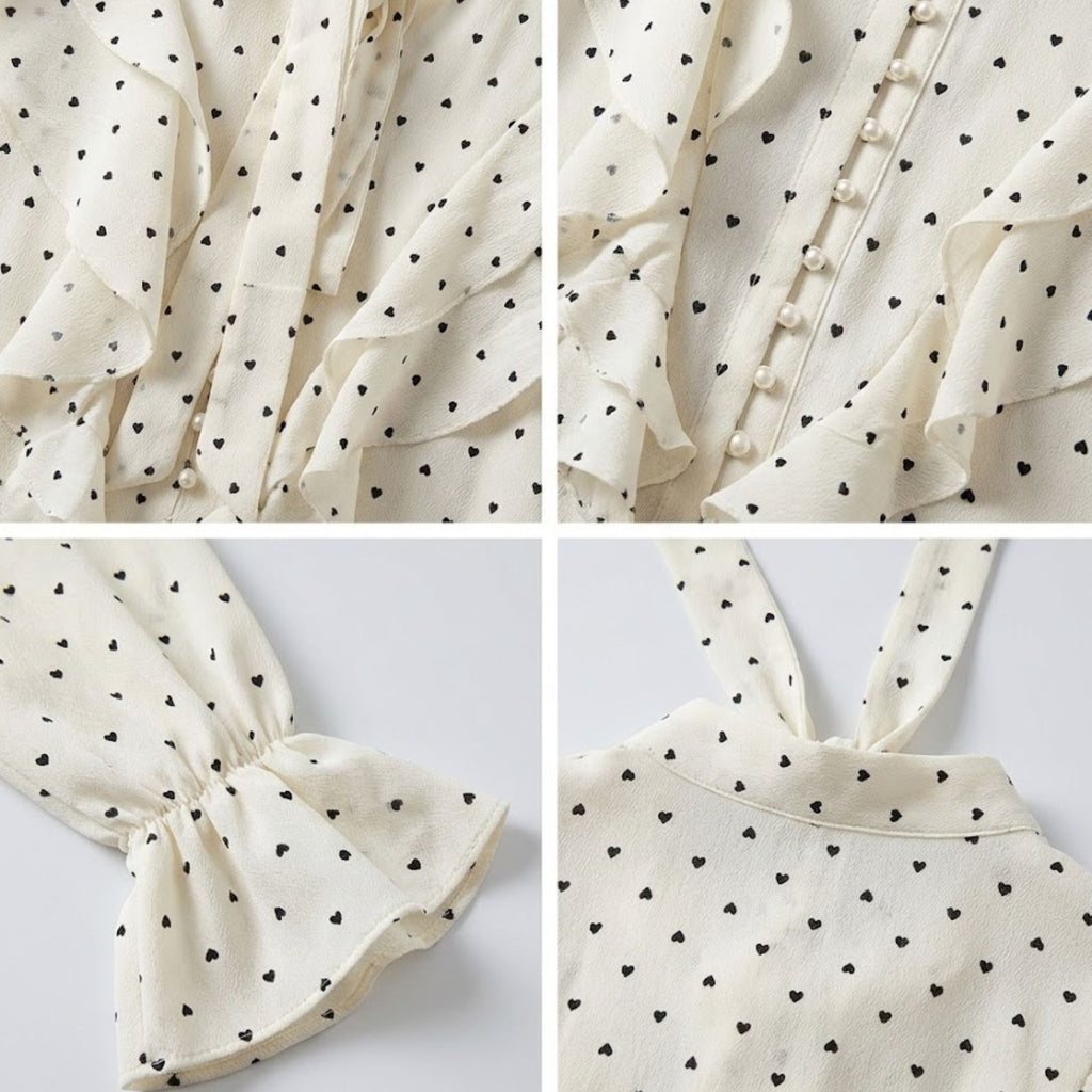 Tie-Neck Ruffle Polka Dot Blouse
