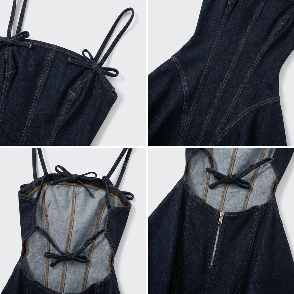 Tie-Bow Denim Strappy Dress