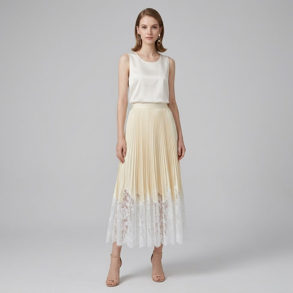 Lace-Trimmed Satin Pleated Skirt