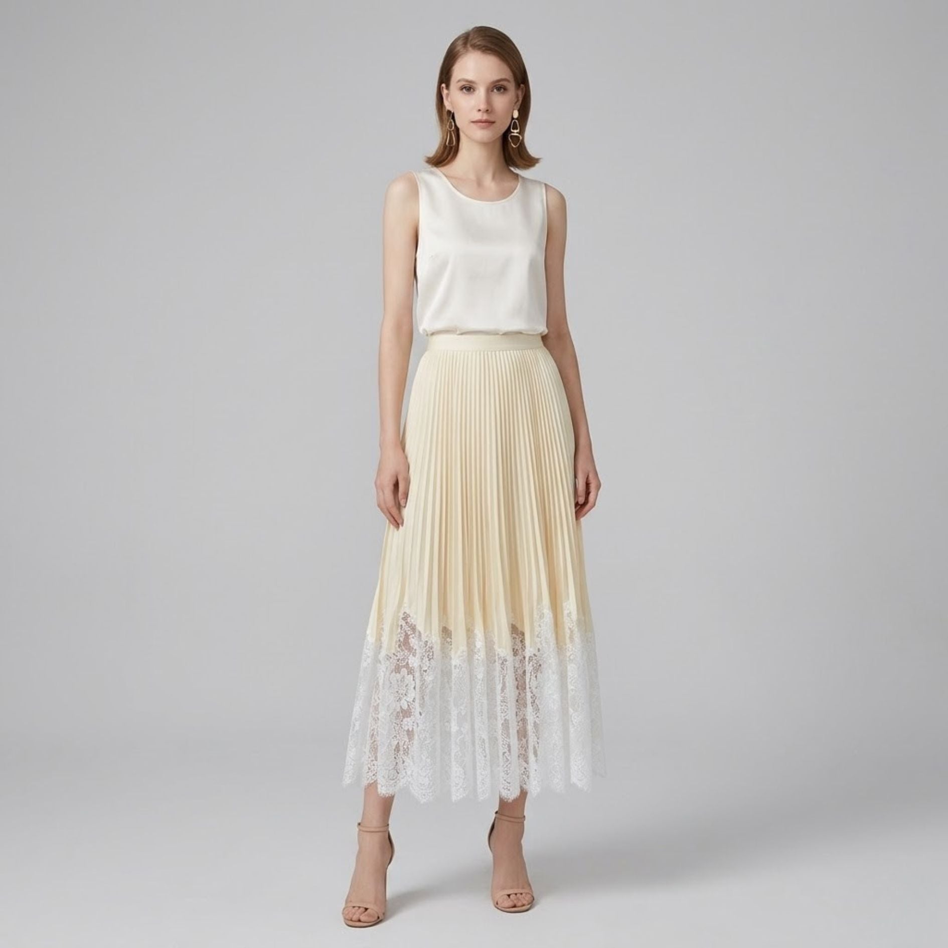 Lace-Trimmed Satin Pleated Skirt