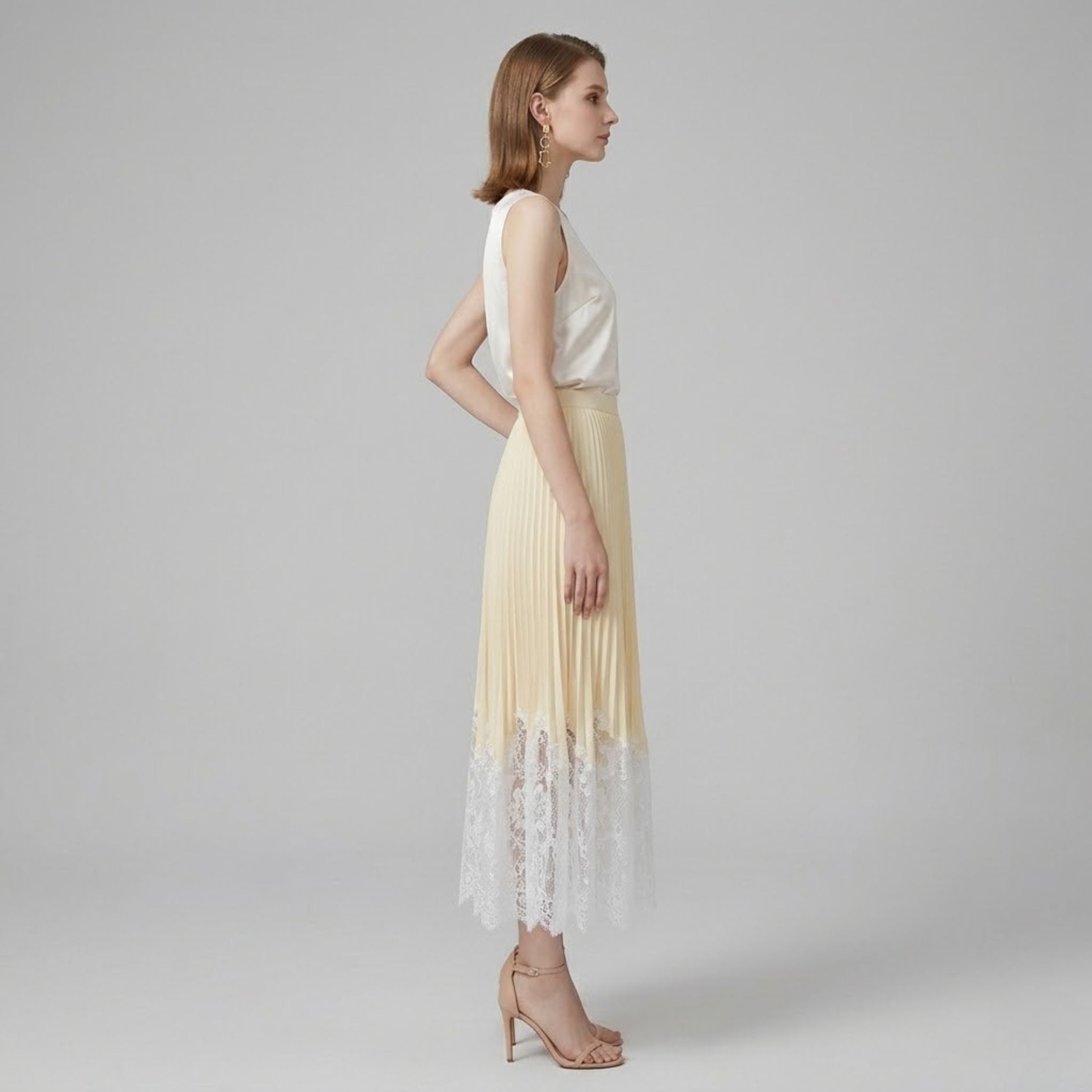 Lace-Trimmed Satin Pleated Skirt