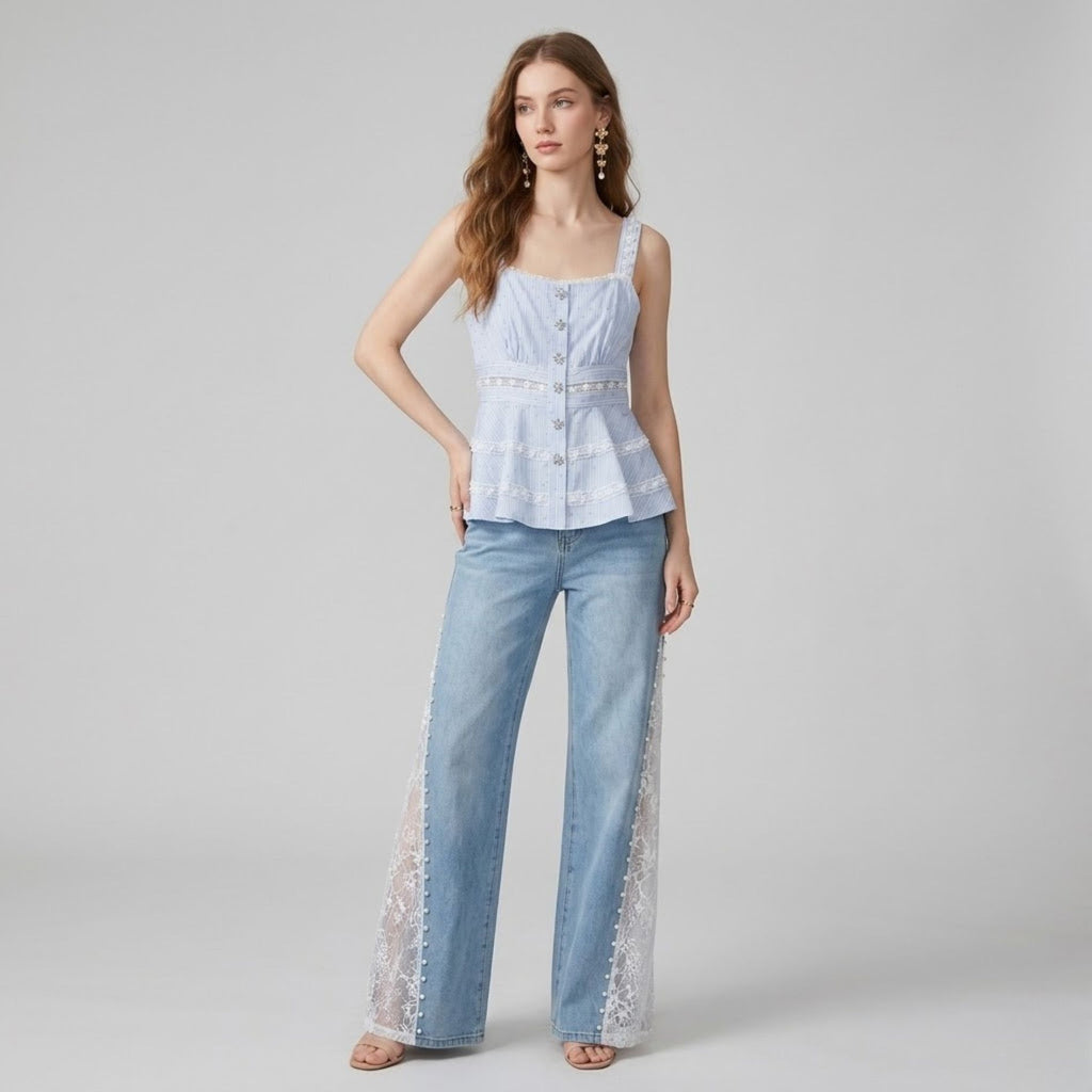 Lace-Trimmed Rhinestone Striped Tank Top