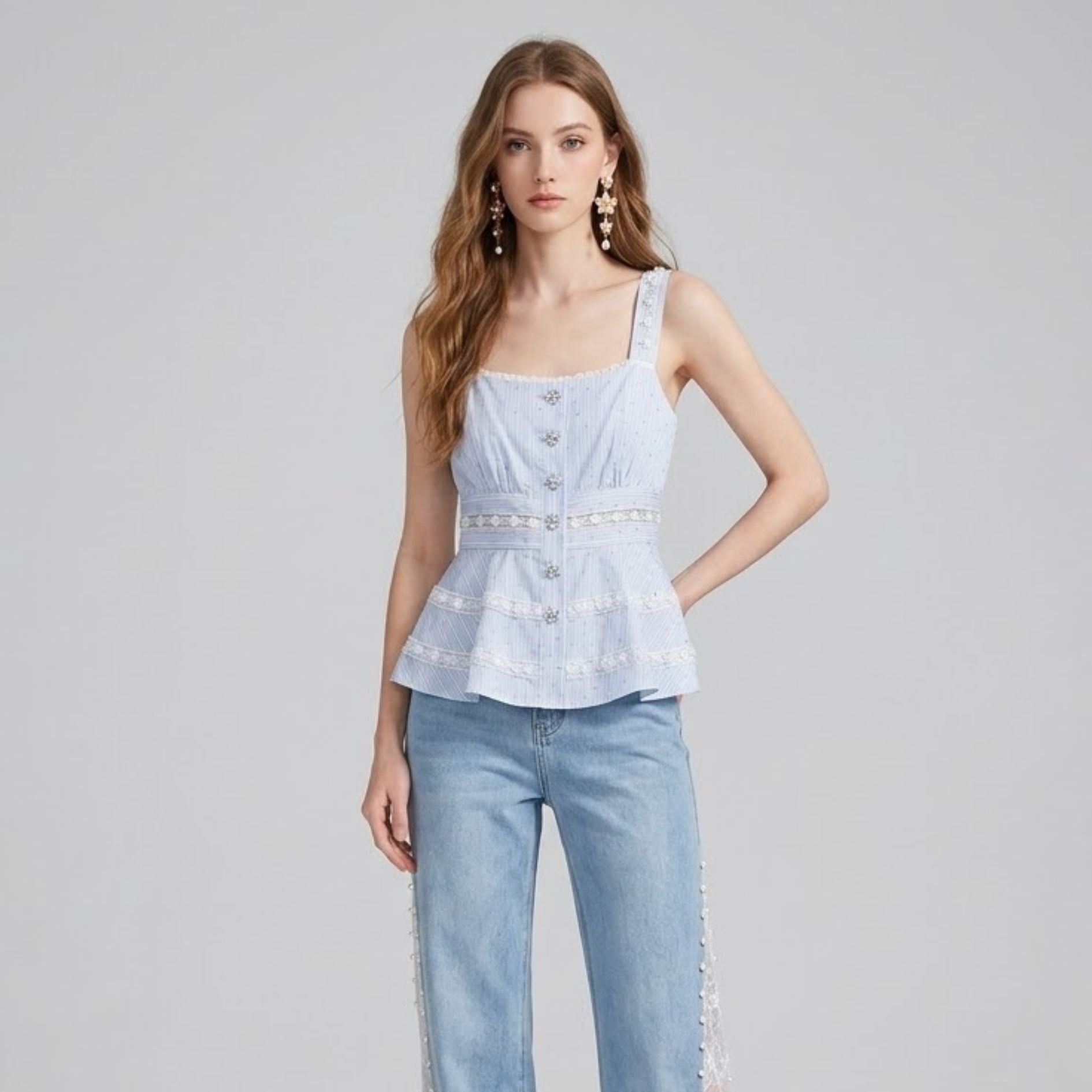 Lace-Trimmed Rhinestone Striped Tank Top