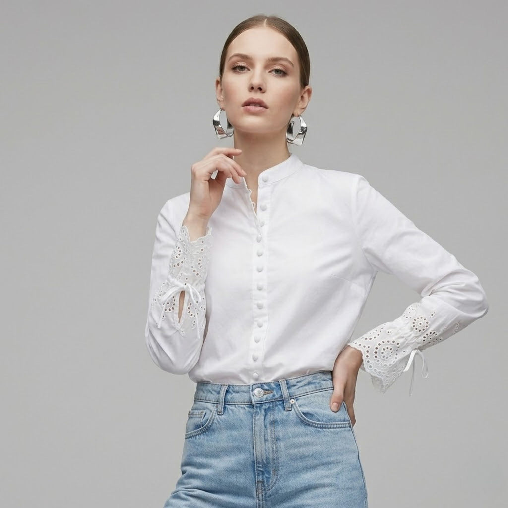 Embroidered Flare-Sleeve White Blouse