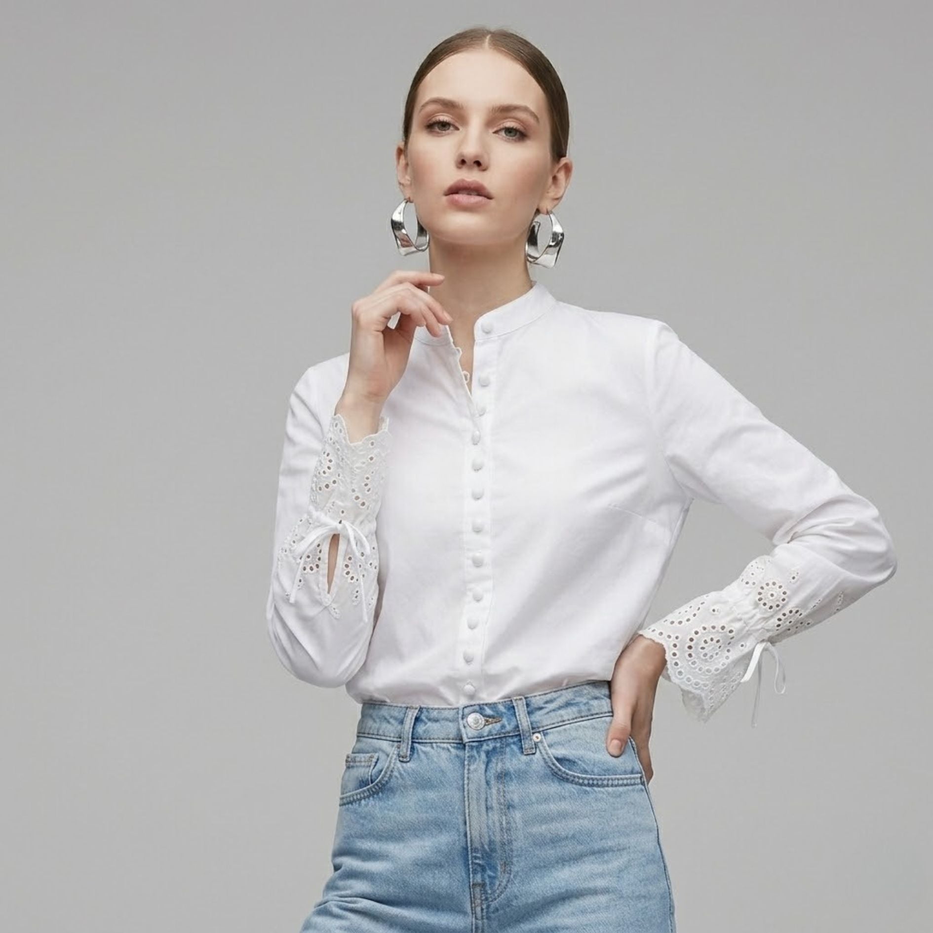 Embroidered Flare-Sleeve White Blouse