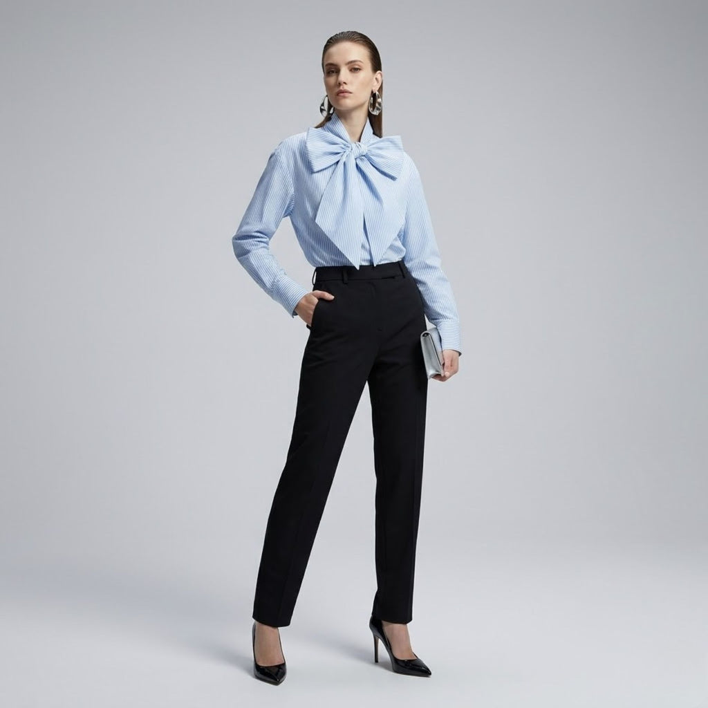 Tie-Neck Bow Striped Blouse