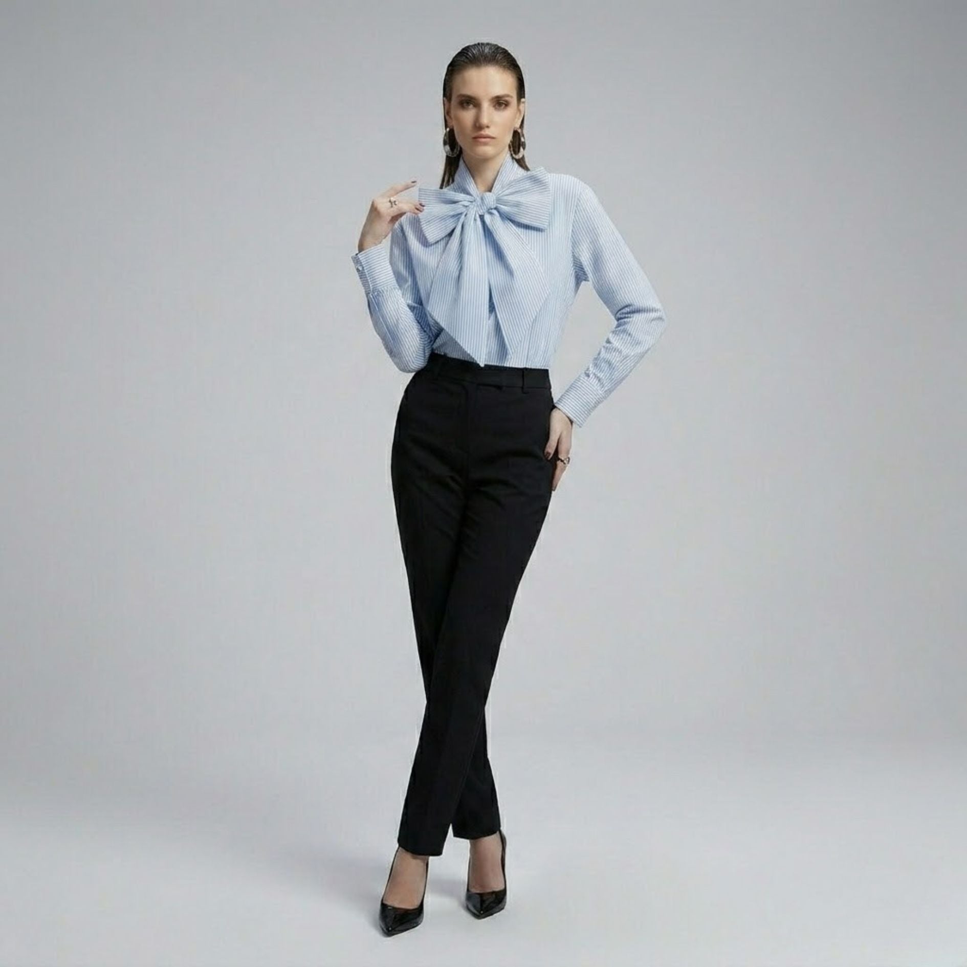 Tie-Neck Bow Striped Blouse