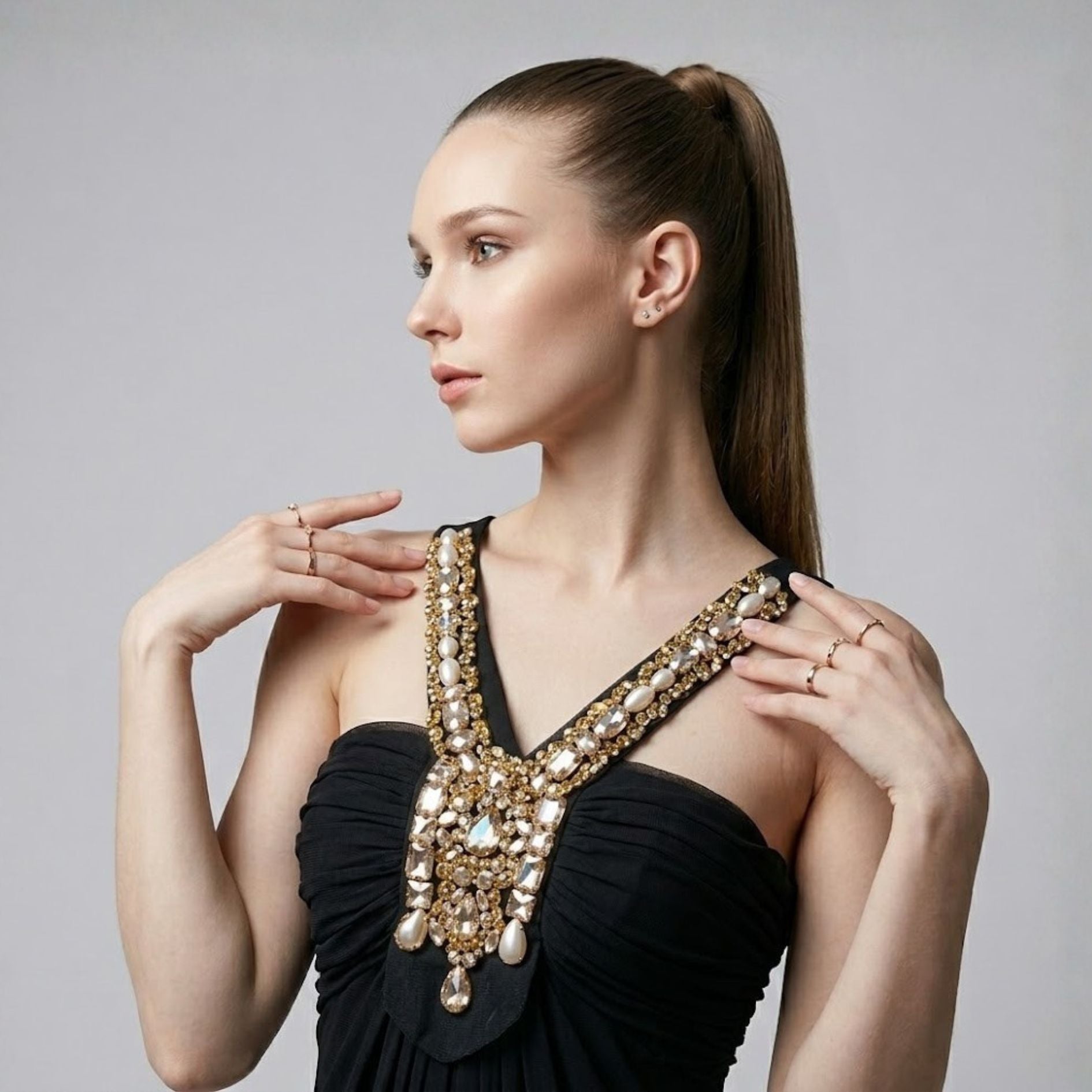Rhinestone Sequin Halter V-Neck Dress