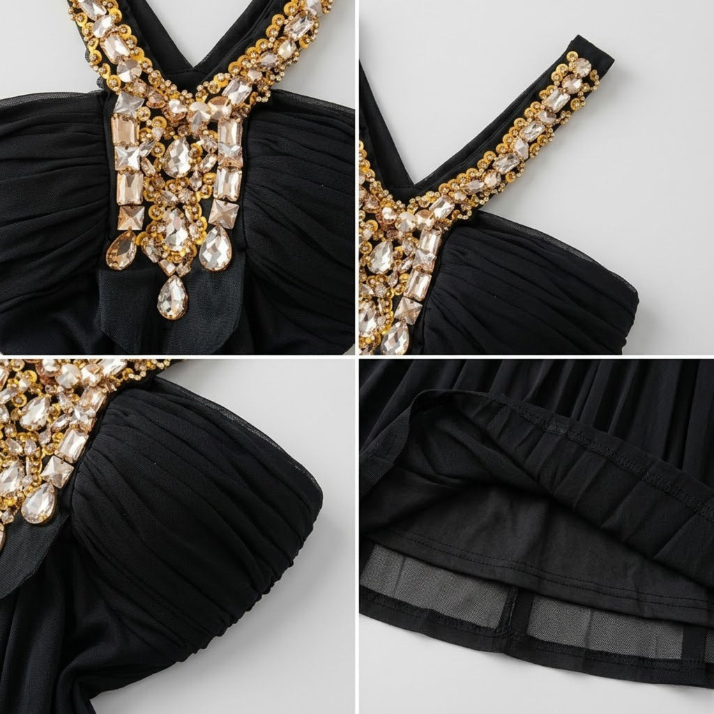 Rhinestone Sequin Halter V-Neck Dress