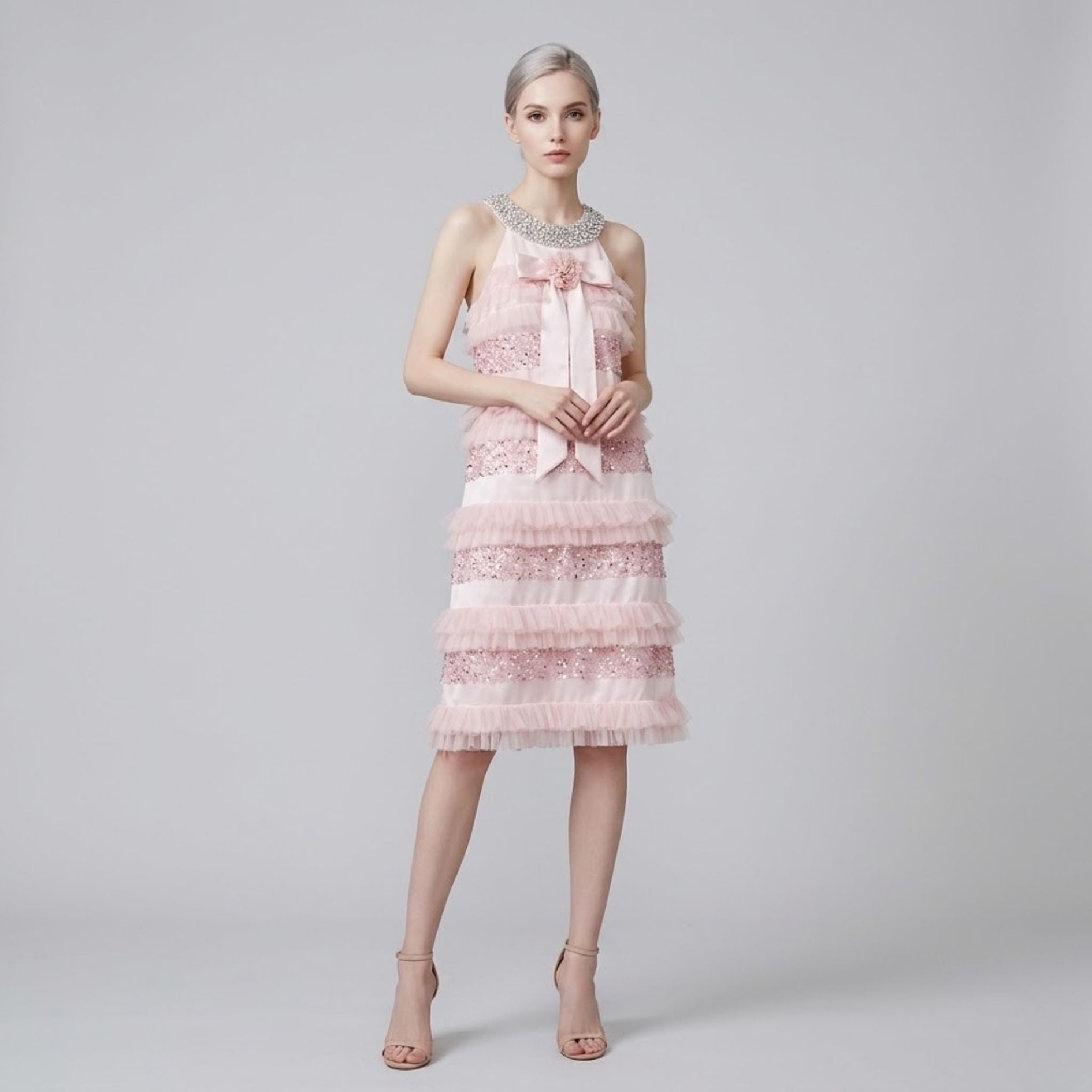 Luxurious Rhinestone Bow Halter Sequin Dress