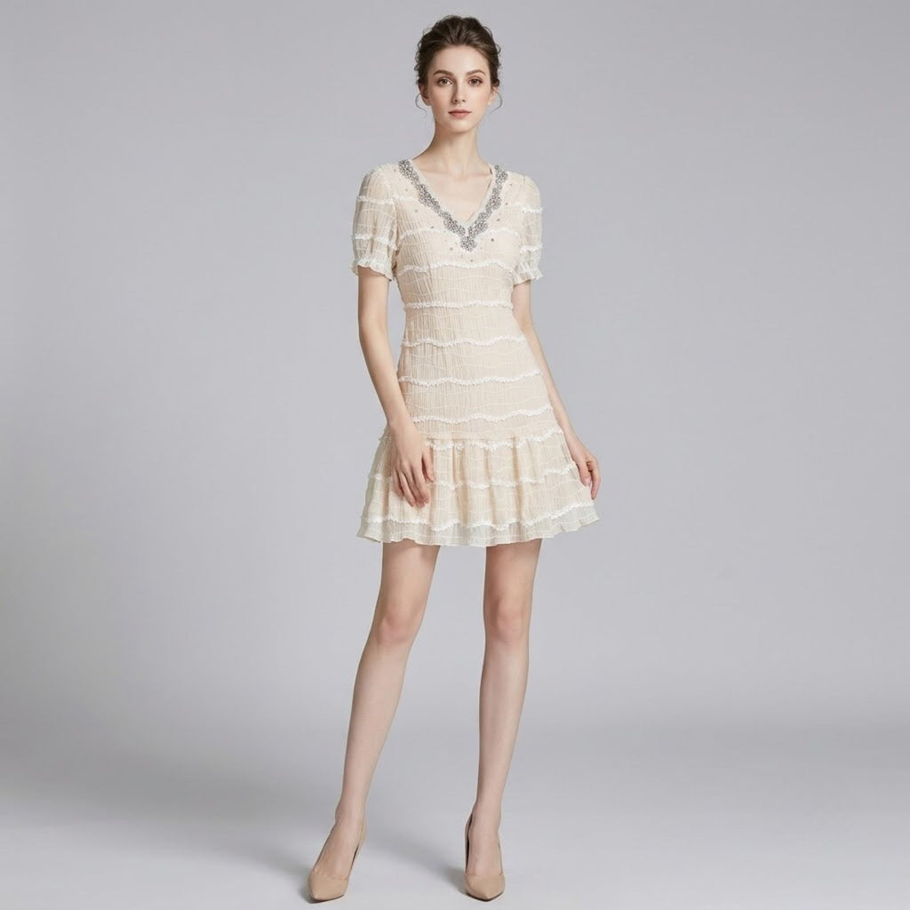 Embellished V-Neck Lace Patchwork Puff Sleeve Dress