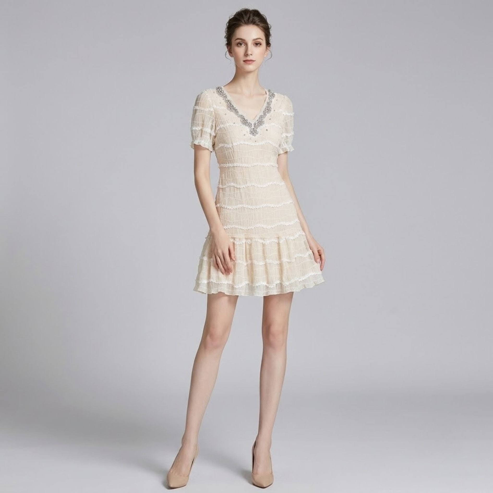 Embellished V-Neck Lace Patchwork Puff Sleeve Dress