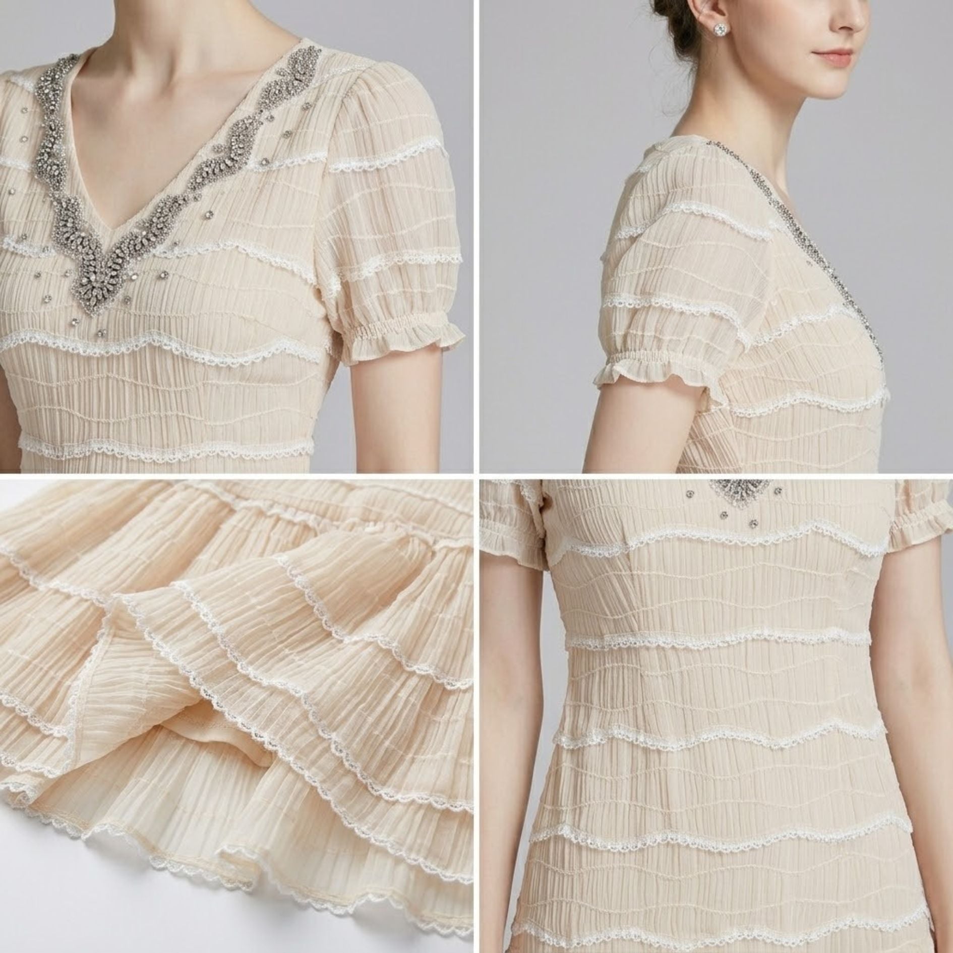 Embellished V-Neck Lace Patchwork Puff Sleeve Dress