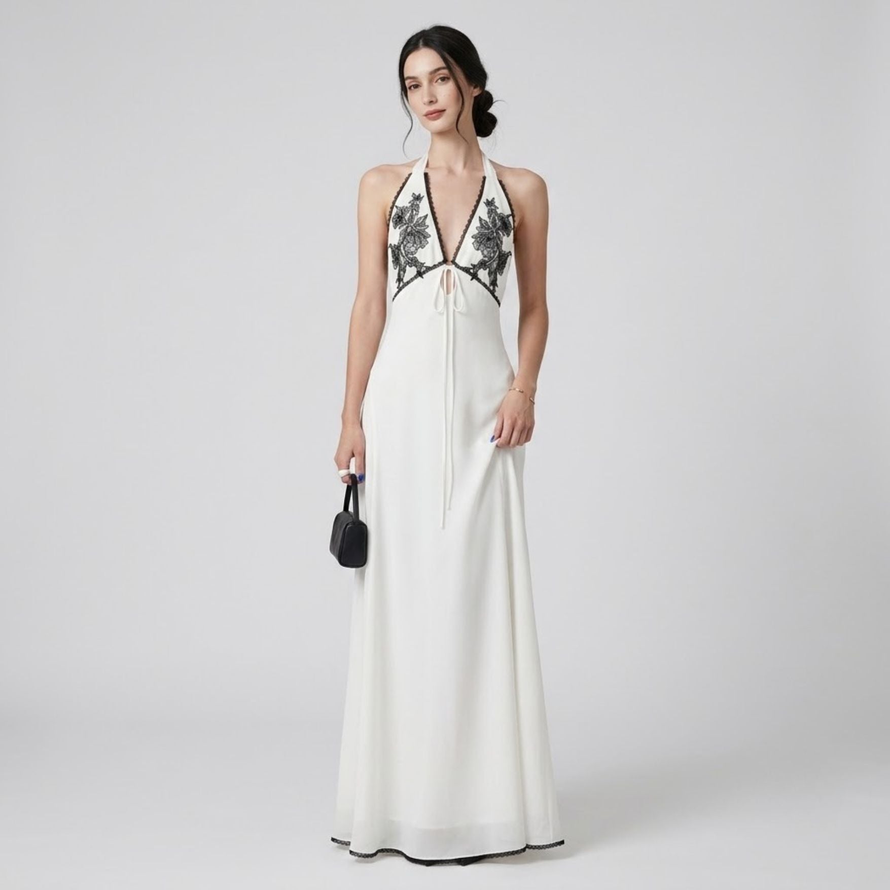 Lace Patchwork Halter Open Back Dress