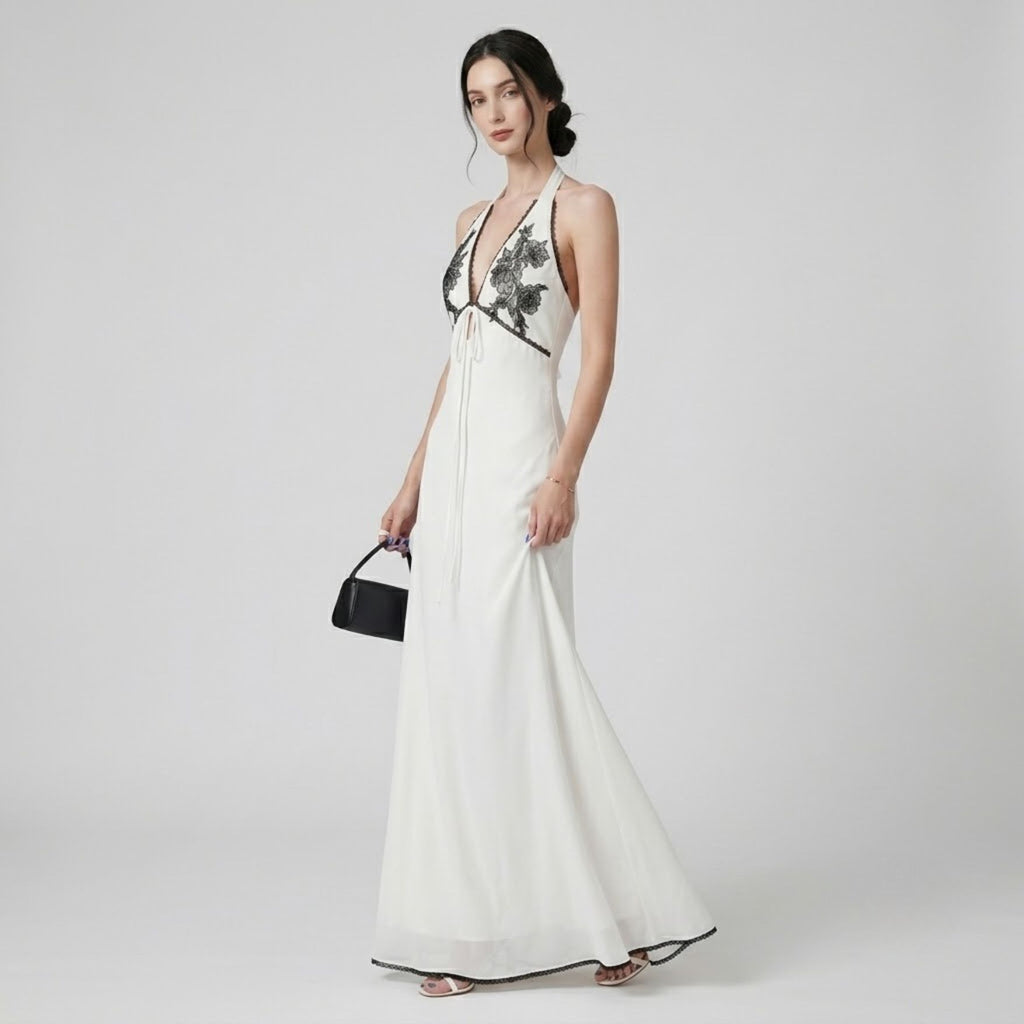 Lace Patchwork Halter Open Back Dress