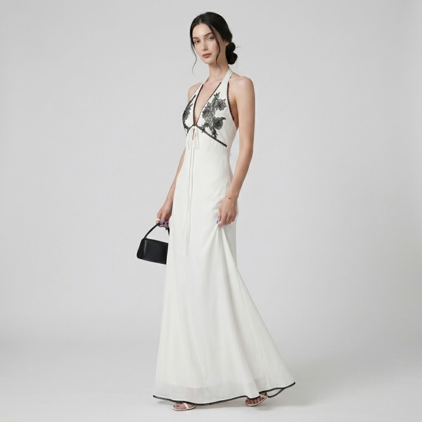 Lace Patchwork Halter Open Back Dress