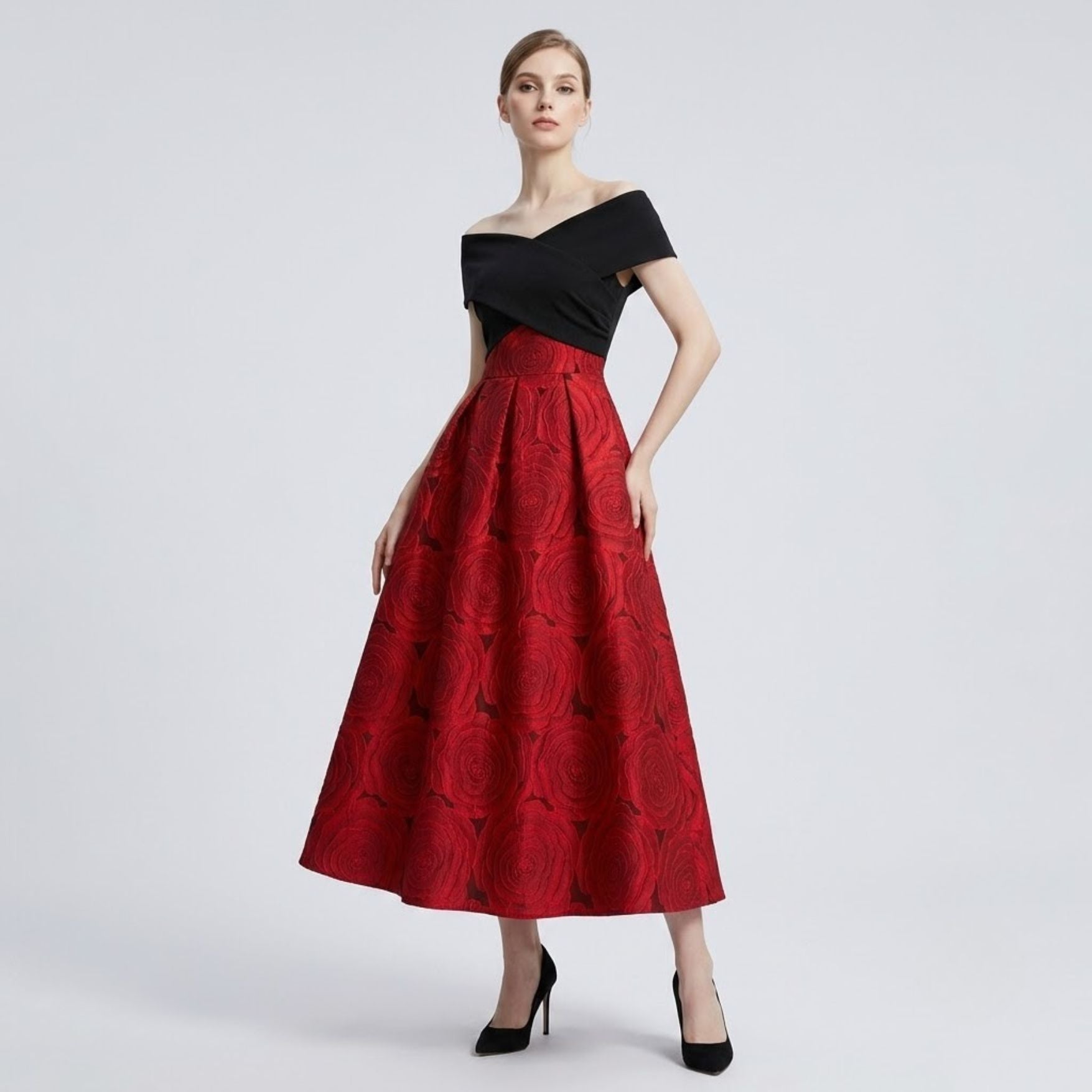 Off-Shoulder Jacquard Patchwork Fit and Flare Dress