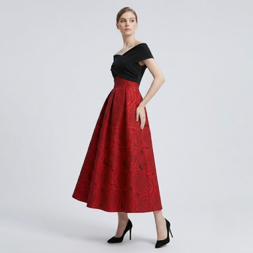 Off-Shoulder Jacquard Patchwork Fit and Flare Dress