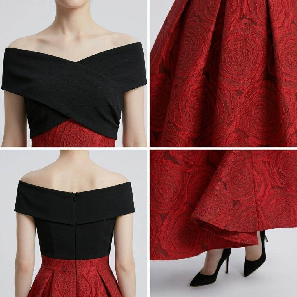 Off-Shoulder Jacquard Patchwork Fit and Flare Dress