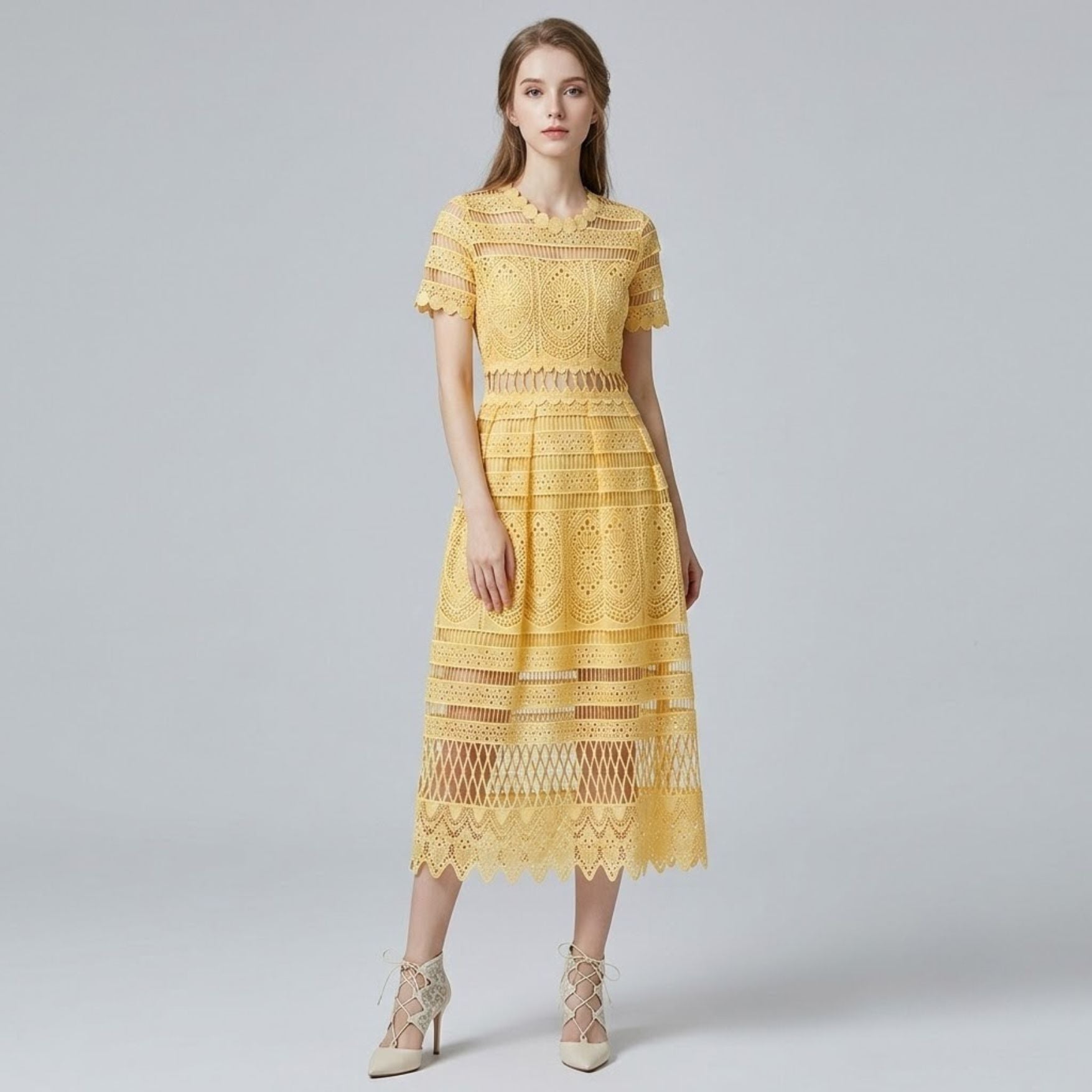 Crochet Hollow-Out Short Sleeve Midi Dress
