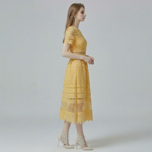 Crochet Hollow-Out Short Sleeve Midi Dress