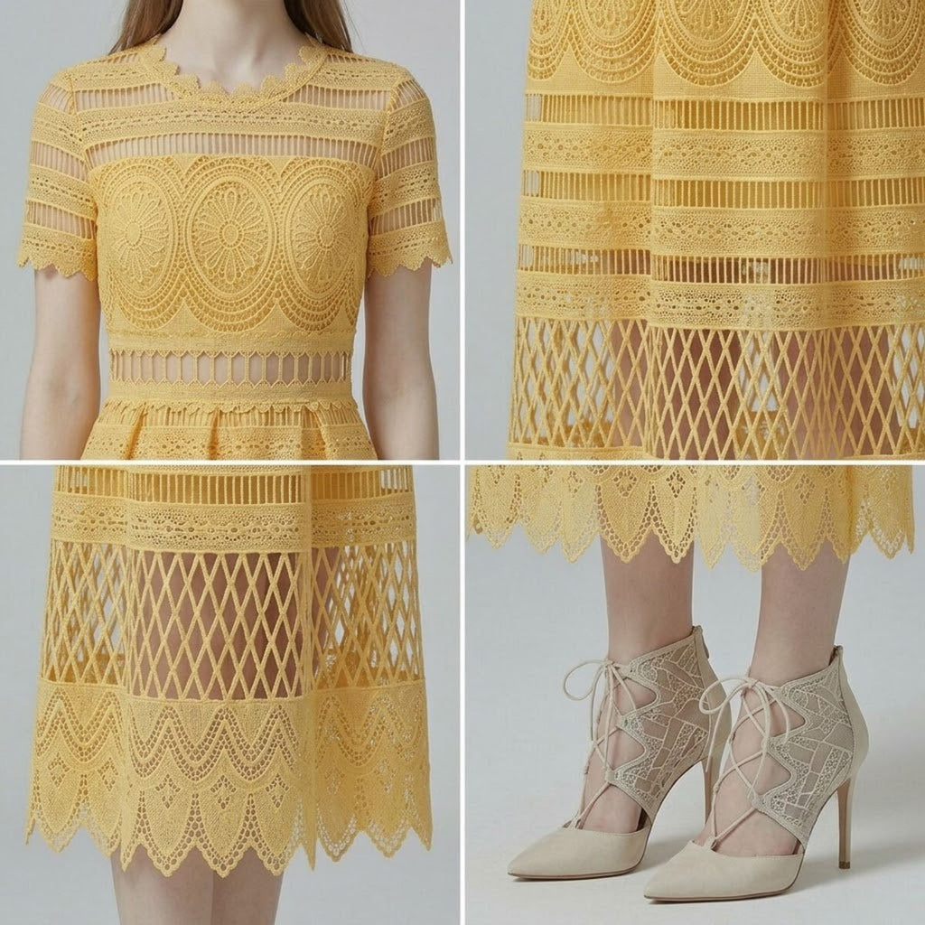 Crochet Hollow-Out Short Sleeve Midi Dress