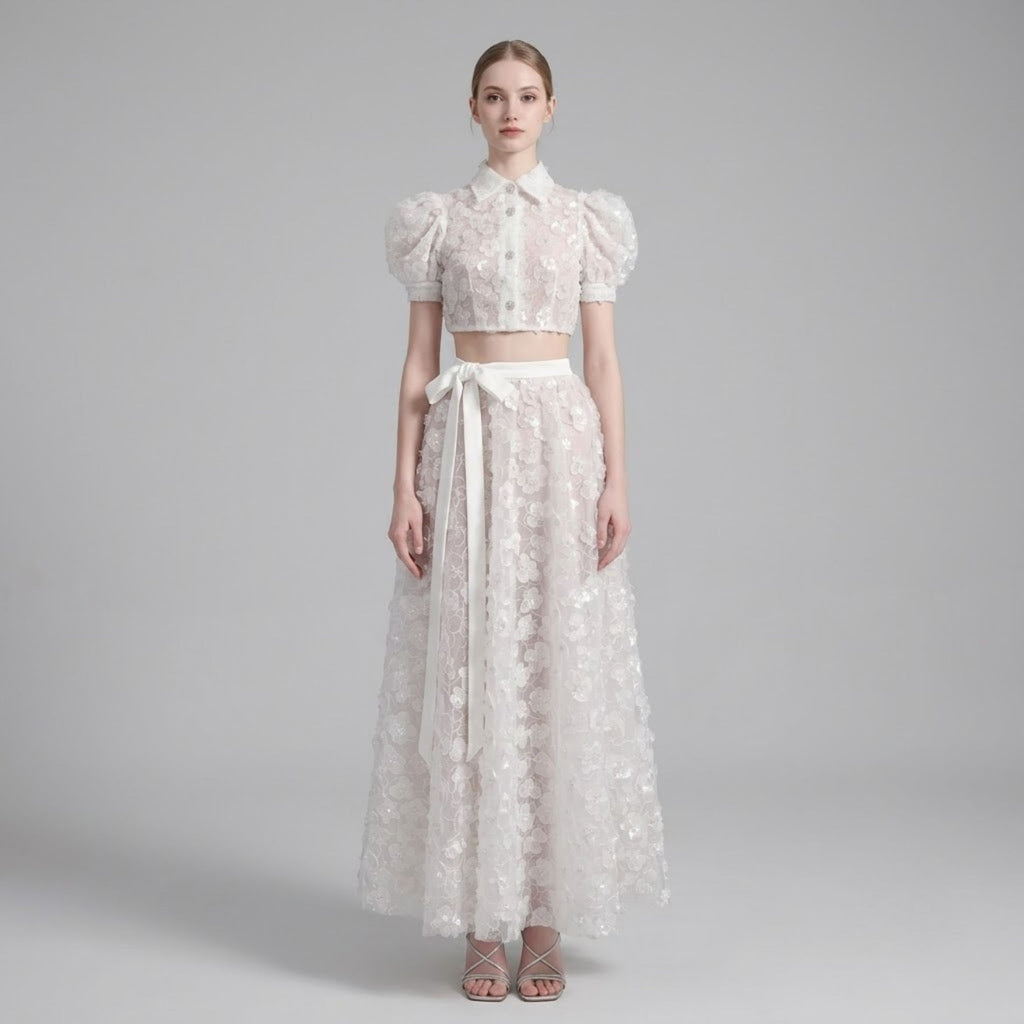 Luxury 3D Floral Sequin Crop Shirt and Bow Tied A-Line Skirt Set