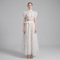 Luxury 3D Floral Sequin Crop Shirt and Bow Tied A-Line Skirt Set