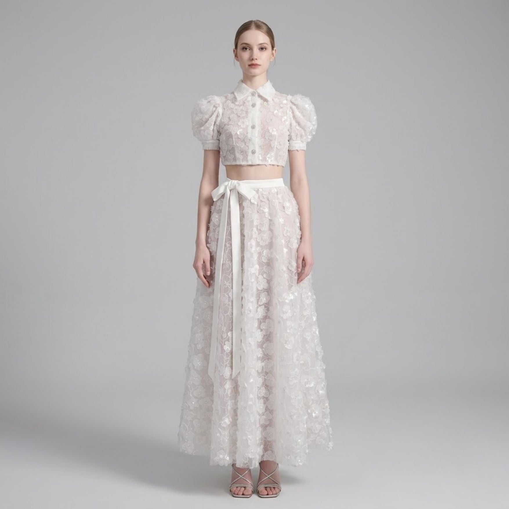Luxury 3D Floral Sequin Crop Shirt and Bow Tied A-Line Skirt Set