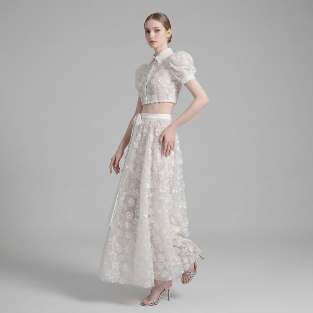 Luxury 3D Floral Sequin Crop Shirt and Bow Tied A-Line Skirt Set