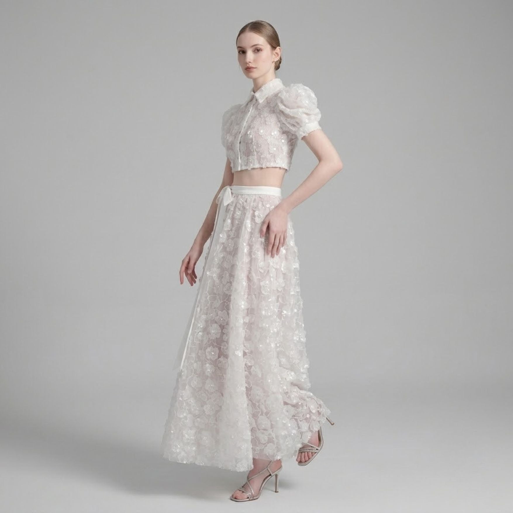 Luxury 3D Floral Sequin Crop Shirt and Bow Tied A-Line Skirt Set