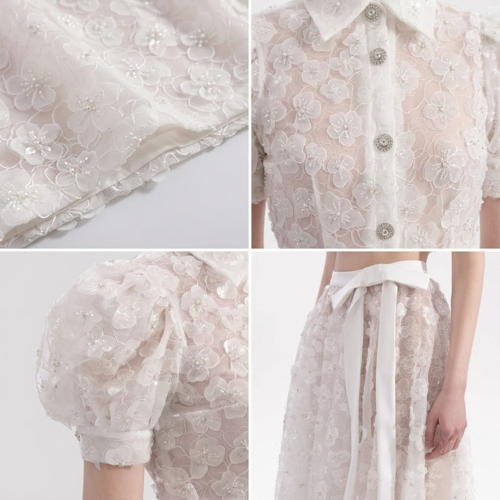 Luxury 3D Floral Sequin Crop Shirt and Bow Tied A-Line Skirt Set