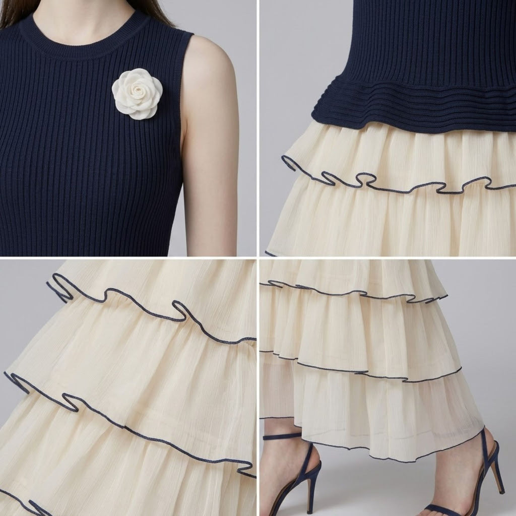 Floral Contrast Knit Patchwork Dress