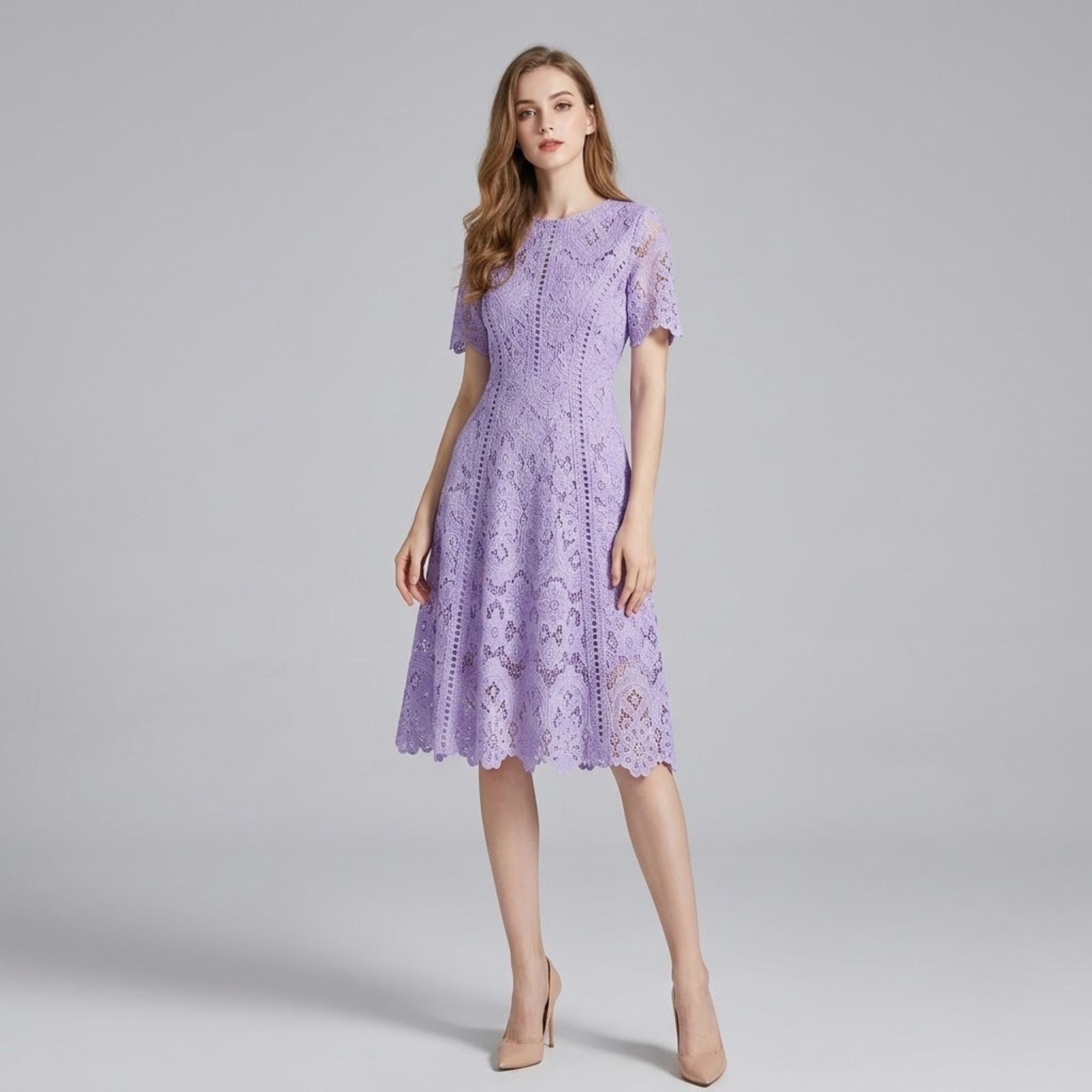 Crochet Hollow-Out Lace Crew Neck Dress