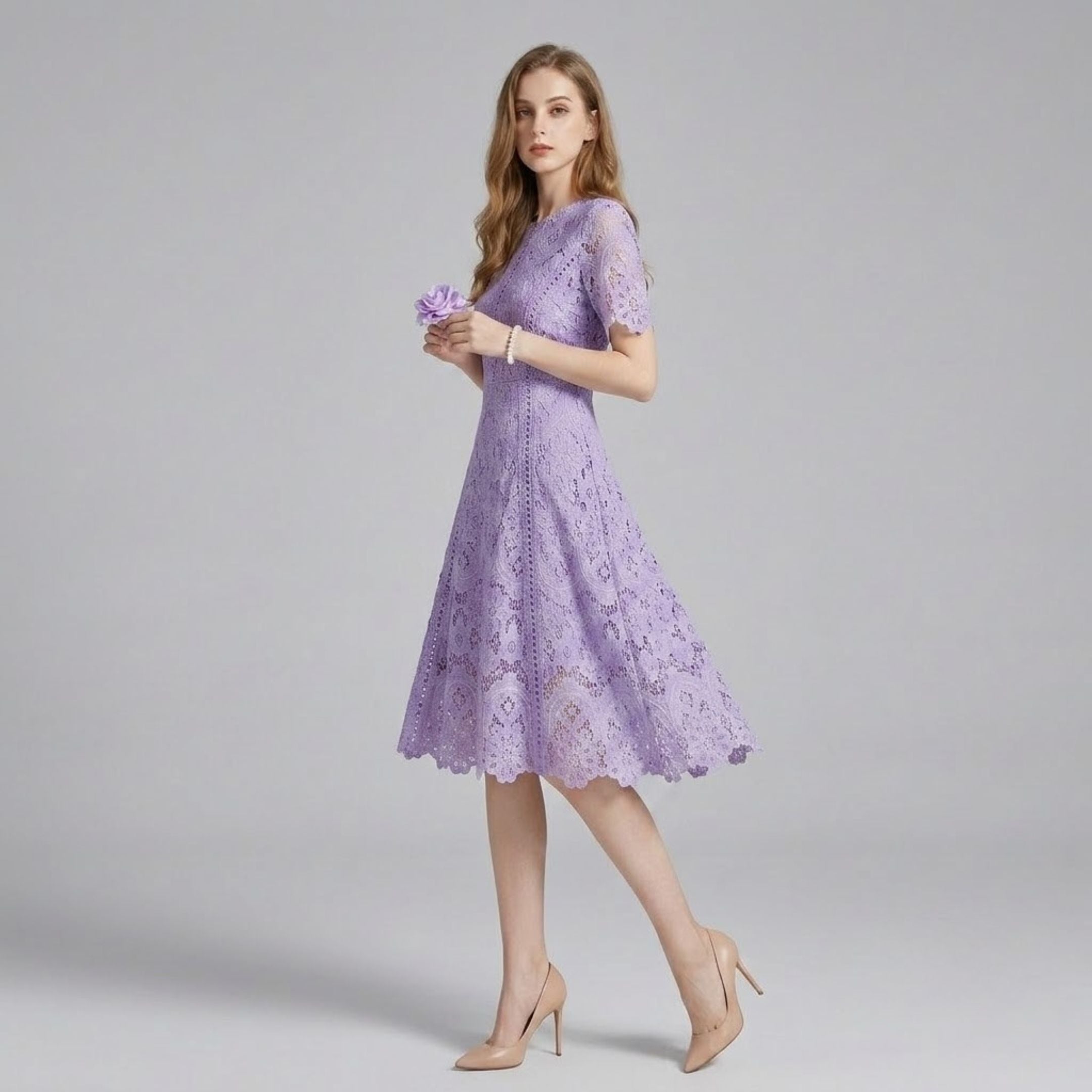 Crochet Hollow-Out Lace Crew Neck Dress