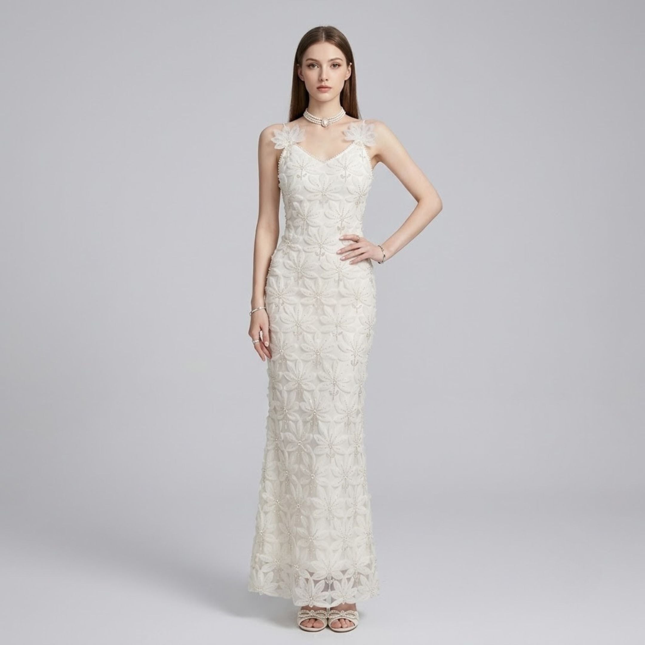 Luxury Rhinestone Lace Cutout Beaded Floral Dress