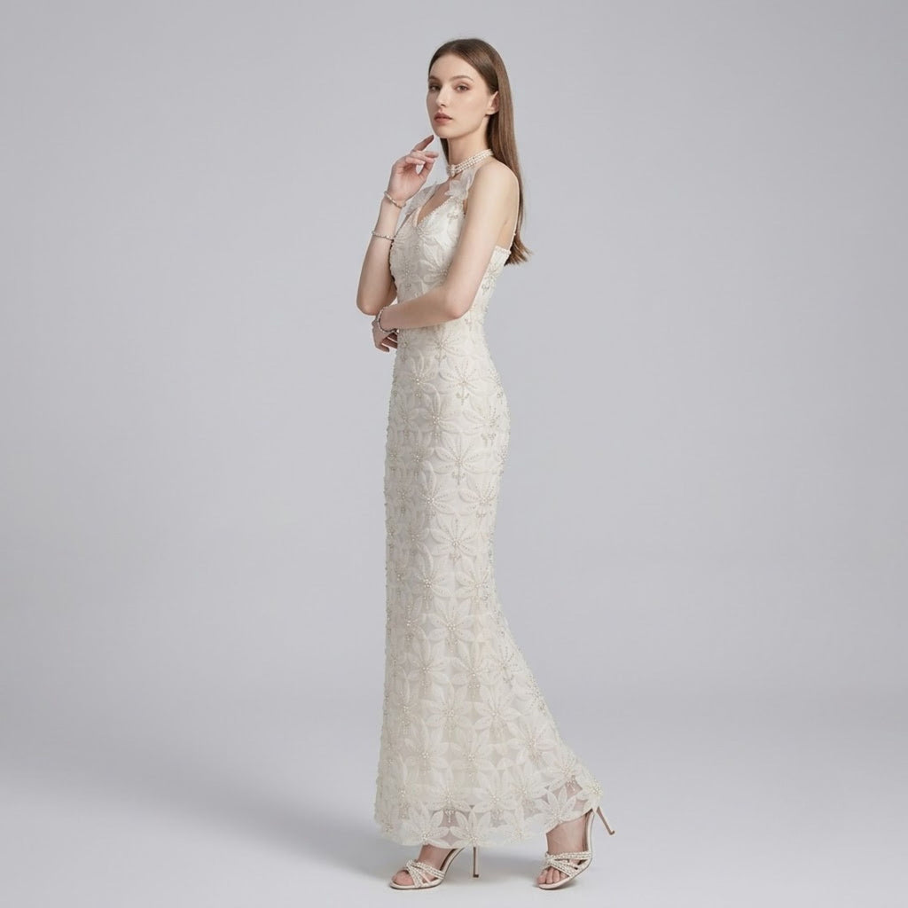 Luxury Rhinestone Lace Cutout Beaded Floral Dress