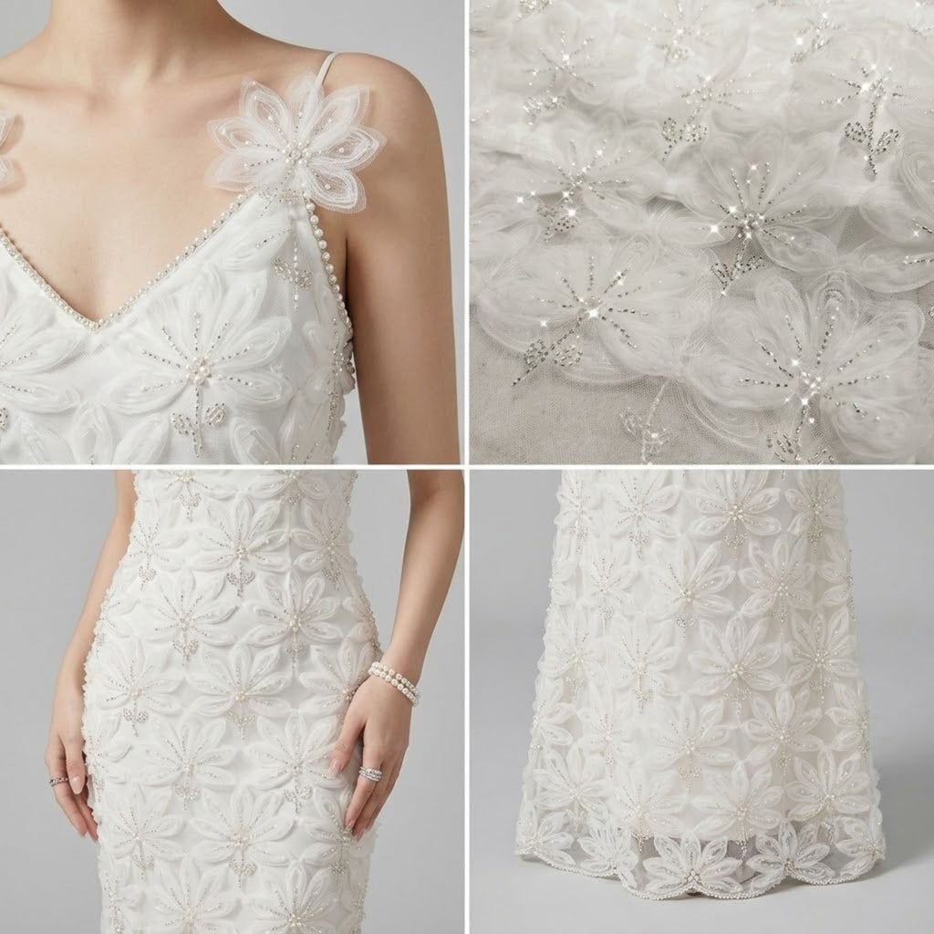 Luxury Rhinestone Lace Cutout Beaded Floral Dress