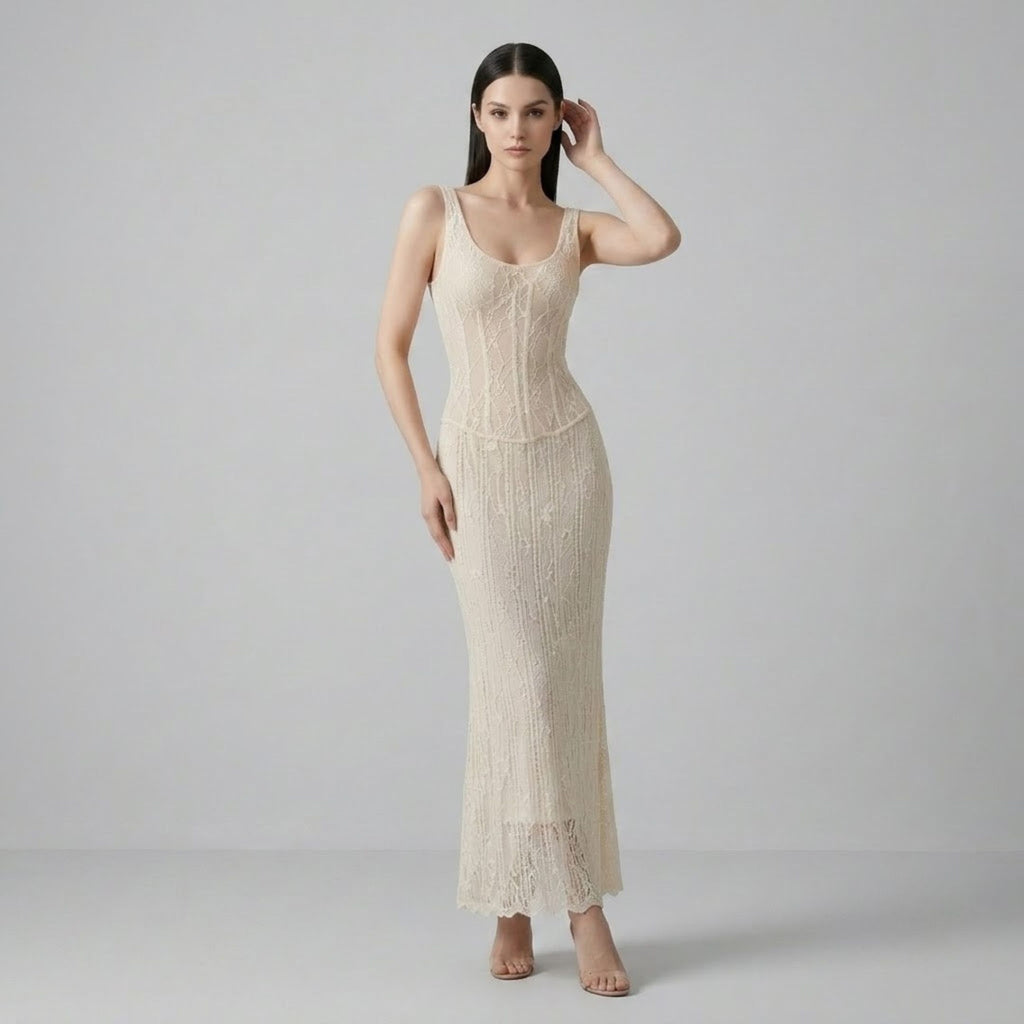 Lace Spliced Corset Knit Fishtail Dress