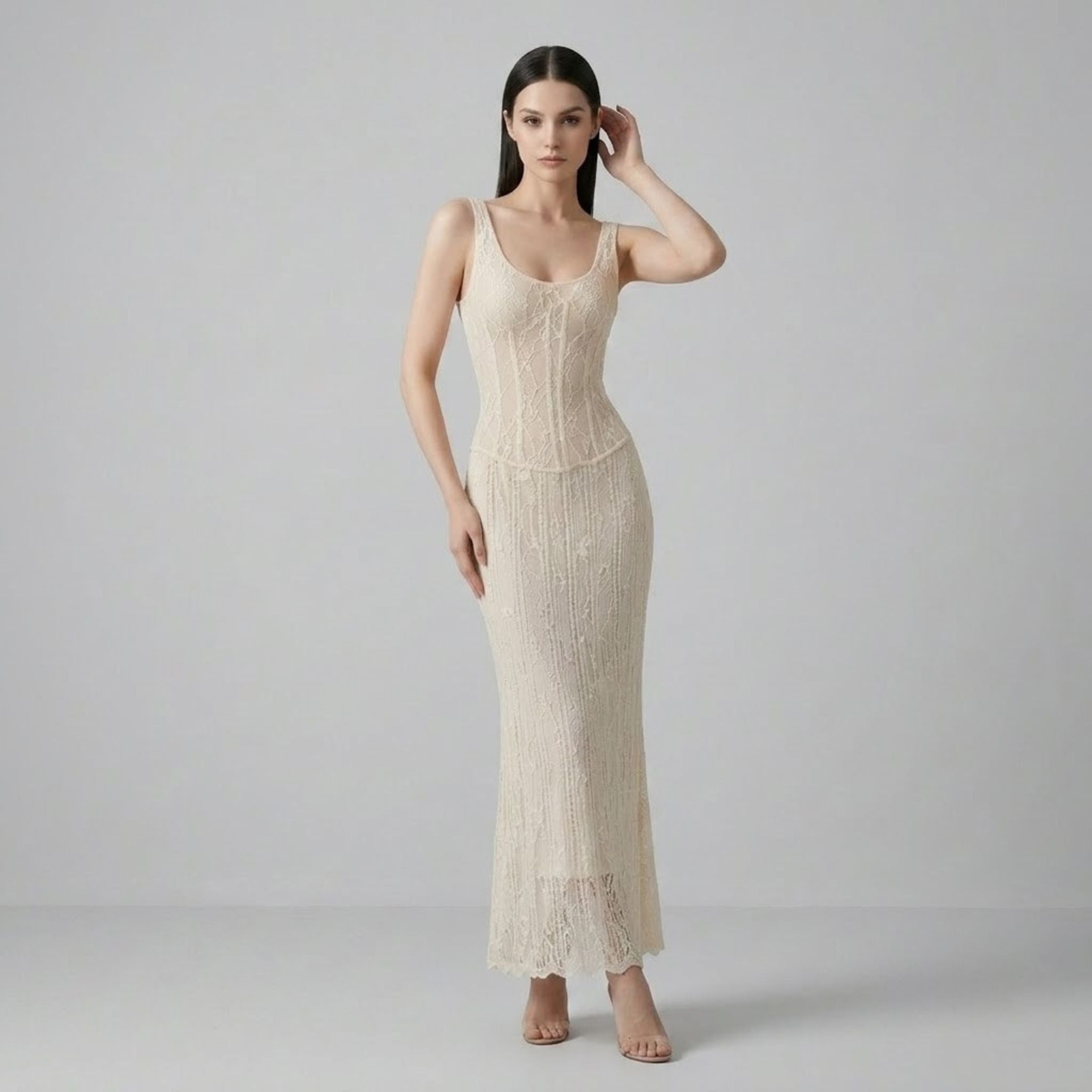Lace Spliced Corset Knit Fishtail Dress