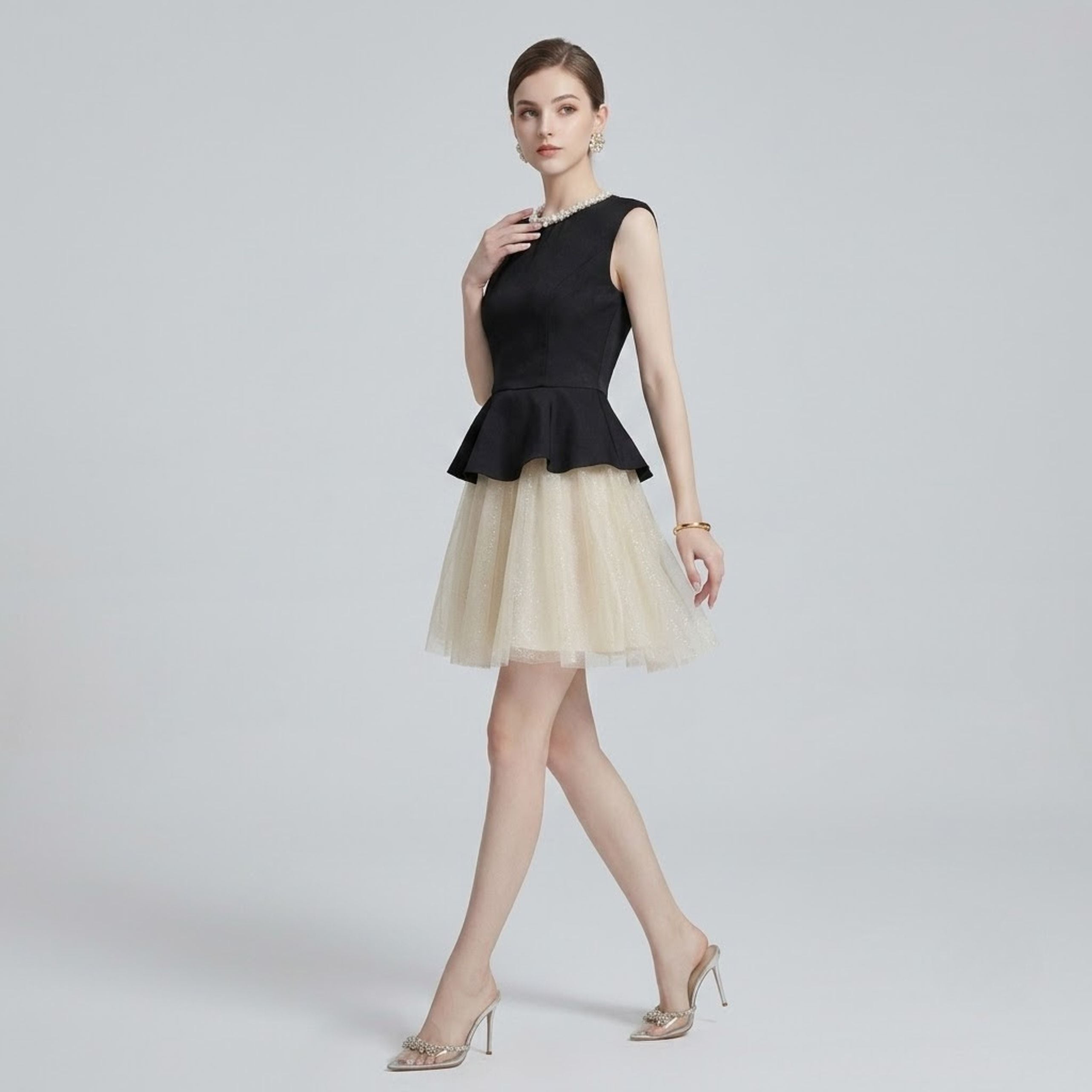 Mesh Patchwork Puff Skirt Mini Dress